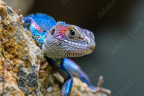 A lizard with iridescent blue scales is perched on a rock, A lizard with iridescent blue scales crawling up a rocky cliff