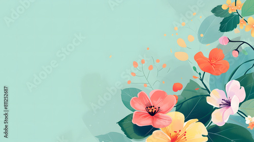 Colorful abstract flowers on gentle green.