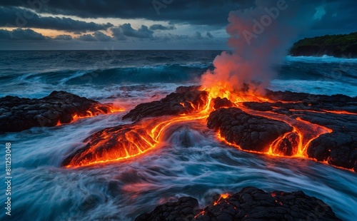 Lava flowing in to a deep blue ocean creating steam from volcanic activity