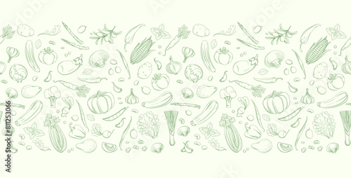 Farm Harvest Vegetable Linear Sketch border Pattern for Culinary Creations.