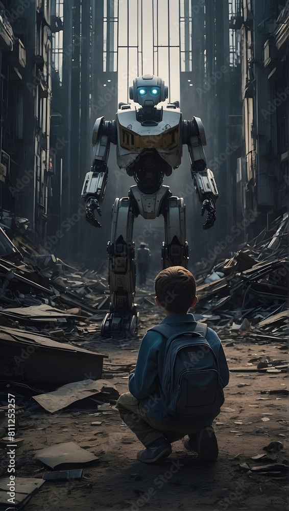A Boy facing a huge robot