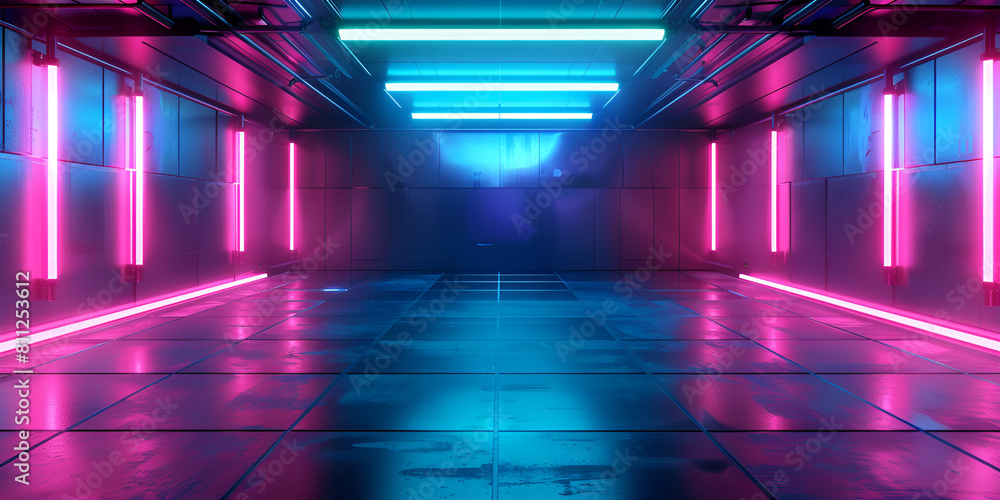A long hallway with neon lights casting a blue and pink glow. A long hallway with neon lights casting a blue and pink glow.