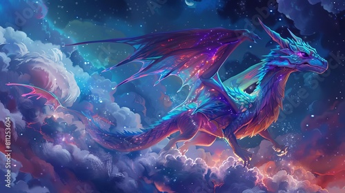 A trading card for an NFT game, featuring a mythical creature with vibrant color detailing, set against a starry night sky background photo