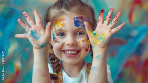 Happy little girl playing with paint