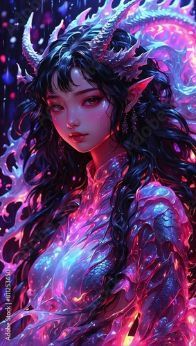 Illustration of fantasy art female character with glowing dragon scales