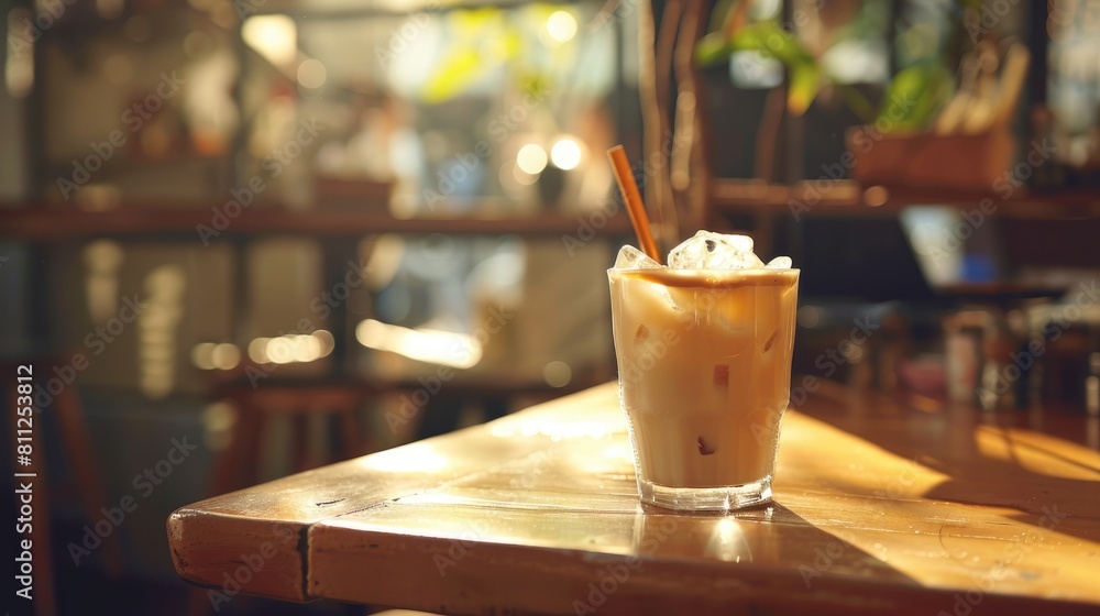 Latte coffee with ice served on a cafe table Latte coffee with ice served on a cafe table