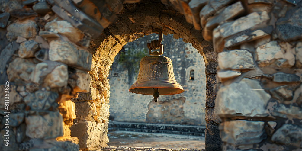 Obraz premium Bell hanging in archway of stone building