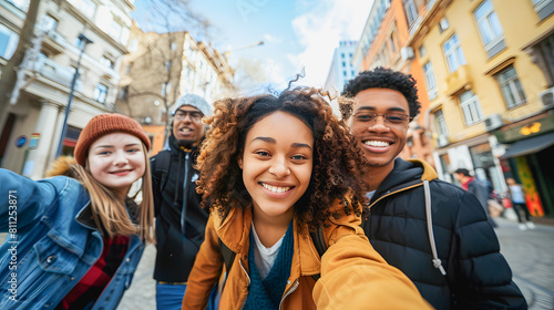 Young multiracial friends taking a selfie in the city - Millennial generation people having fun together outdoor - Models by AI generative