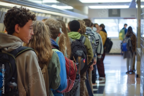 A crowd of students waiting in line at the train station, A long line of students eagerly waiting to order lunch at a school cafeteria
