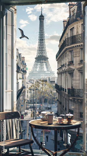 A charming illustration of a Parisian balcony view, framed by blooming flowers and showcasing the iconic Eiffel Tower. © Khritthithat