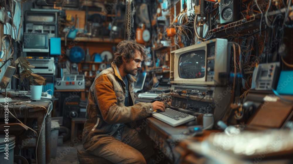 Focused Caucasian Male Engineer Programming in a Cluttered Electronics Workshop Focused Caucasian Male Engineer Programming in a Cluttered Electronics Workshop