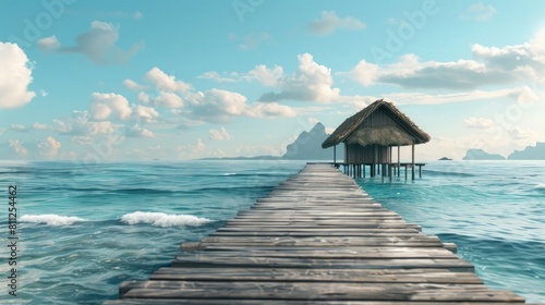 a wooden pier leading to the hut on the beach realistic