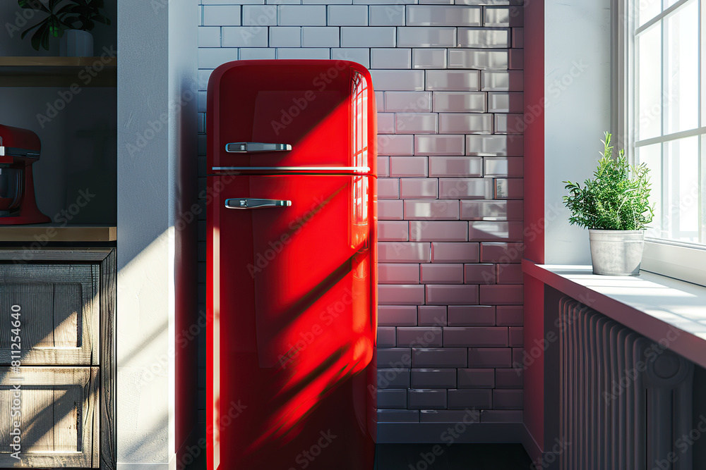 Scandinavian kitchen interior with modern red refrigerator Scandinavian kitchen interior with modern red refrigerator