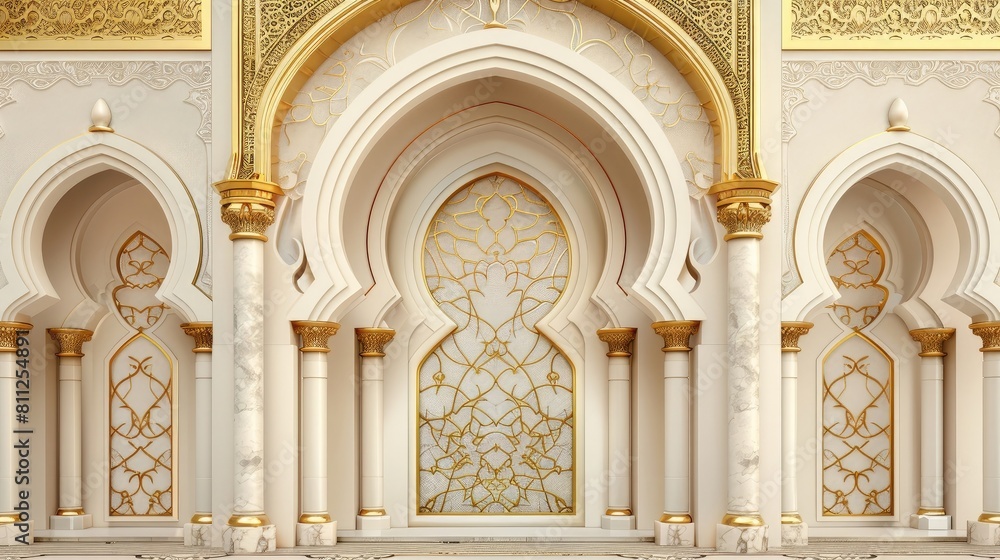 abstract background arabic patterns. an ornamented archway with golden detailing. ramadan kareem banner background. ramadan kareem holiday celebration concept realistic