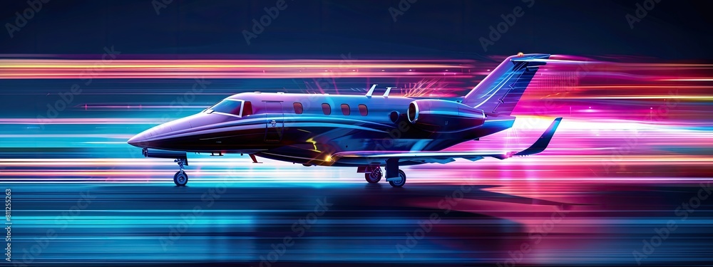 Naklejka premium modern airplane with speed light effect, space for text. high tech transportation. Fast trip. Travel banner