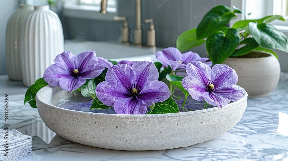 Purple flowers fill a bowl, resting atop a table, alongside a green-leafed vase Purple flowers fill a bowl, resting atop a table, alongside a green-leafed vase