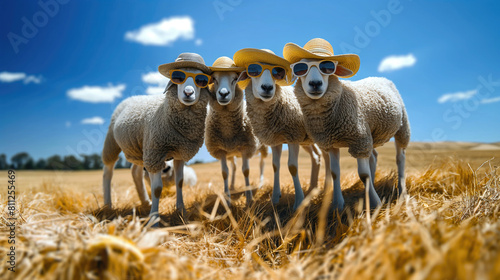 funny sheeps with sun hats photo