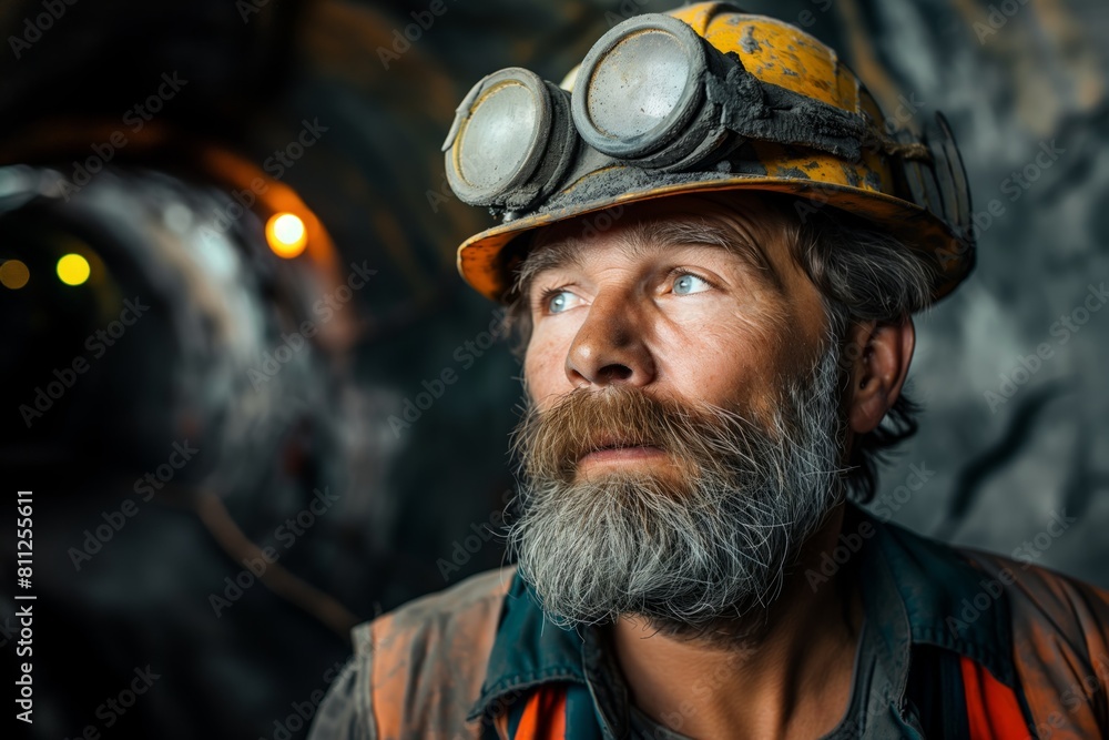 Miner in hard hat with headlamp in mine Miner in hard hat with headlamp in mine
