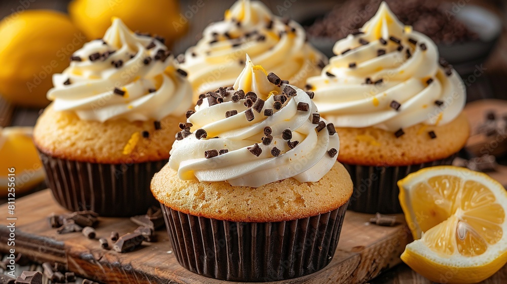 Cupcakes adorned with white frosting and chocolate sprinkles arranged on a cutting board alongside lemons and chocolate chips Cupcakes adorned with white frosting and chocolate sprinkles arranged on a cutting board alongside lemons and chocolate chips