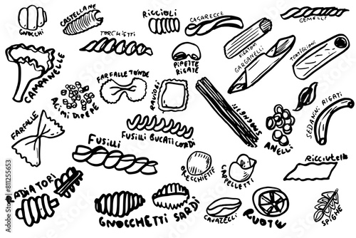 Vector hand drawn Italian pasta set. Food sketch icon set. Pasta Spaghetti Capellini Conchiglie Tortiglioni Fettuccine Fusilli  Farfalle Fiori Gobetti Rigatoni Penne etc.