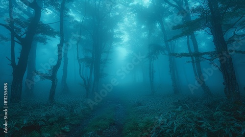 Mystical Morning in Aokigahara Forest  Ethereal Fog Amongst Serene Trees