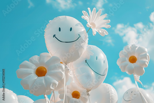 Balloons with smiling face and flower balloon.