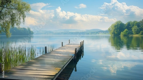 An idyllic scene of a serene lake with a charming wooden jetty perfect for a relaxing vacation getaway
