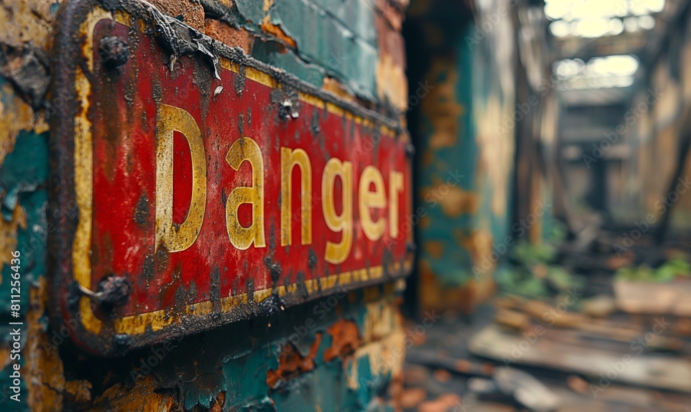 Rusty Danger Sign at Abandoned Site.