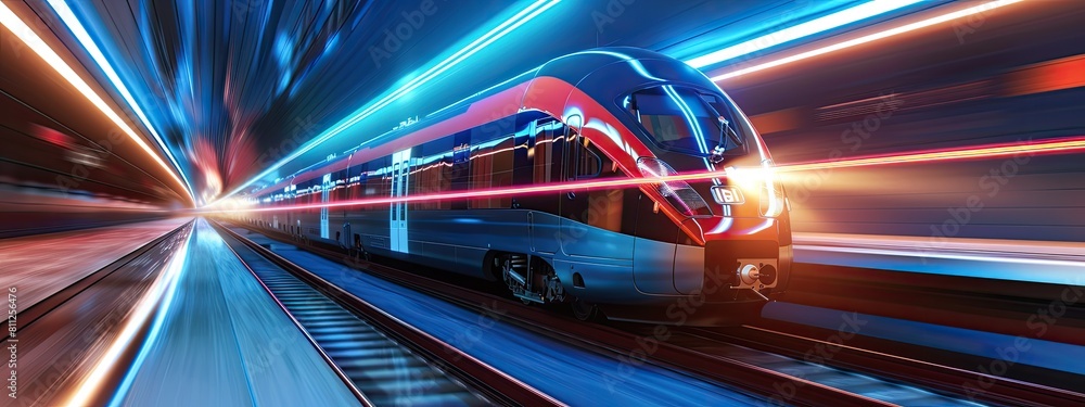 modern train with speed light effect, space for text. high tech transportation. Fast trip. Travel banner modern train with speed light effect, space for text. high tech transportation. Fast trip. Travel banner