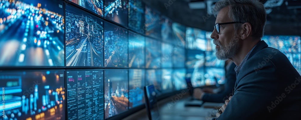 Fototapeta premium Man Monitoring Traffic from Control Room