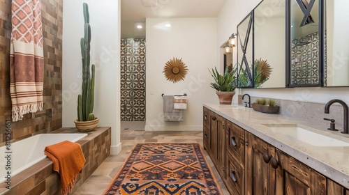 Eclectic Southwestern bathroom featuring talavera tiles, a floating vanity, and desert plants Warmtoned towels and a geometric mirror emphasize the regional aesthetic