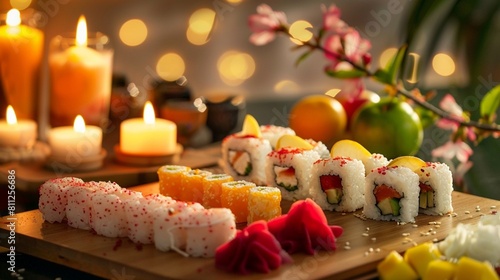 An inviting display of sushi desserts featuring sweet rice and fruit combinations under soft warm lighting