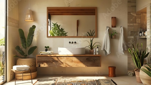 Eclectic Southwestern bathroom featuring talavera tiles, a floating vanity, and desert plants Warmtoned towels and a geometric mirror emphasize the regional aesthetic