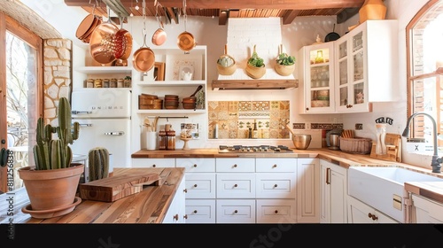 Modern Southwestern kitchen with white cabinets, a terracotta backsplash, and a mesquite wood island Hanging copper pans and cactus plants add regional charm