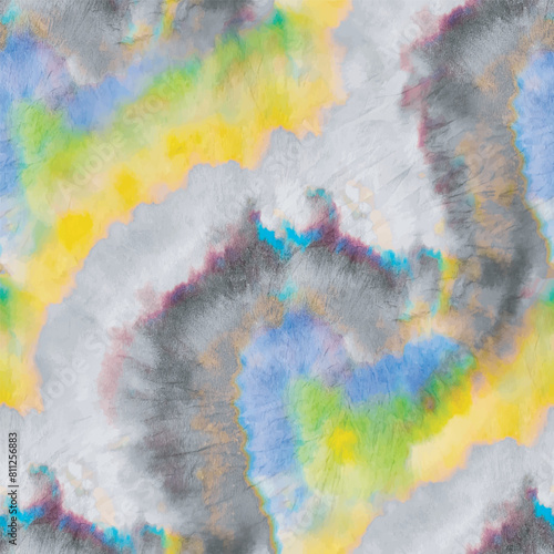 Tie Dye Yellow Paint. Gray Vector White Grunge. Yellow Dyed Batik. Seamless Spiral Tie Dye. Blue Vector Swirl. Brush Endless Tie Die. Gray Seamless Swirl. Vector Dye Background Blue Shirt Watercolor.