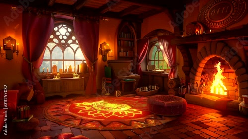 Animated background of witch room, medieval fantasy. looping time-lapse video