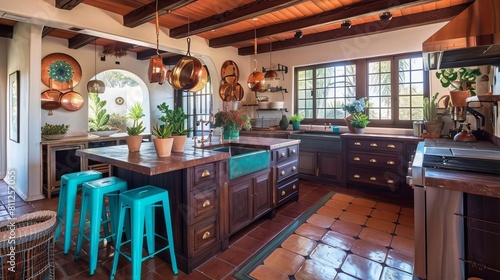 Openplan Southwestern kitchen with dark wood cabinets, a terracotta island, and hanging copper pans Bright turquoise stools and potted succulents highlight the rustic vibe