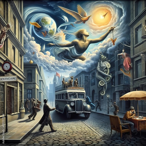 surrealism artwork with abstract concepts, hallucinations, thinking, creativity, shaped objects, moon clouds, eyes, imaginary animals and dreams, Generaive AI