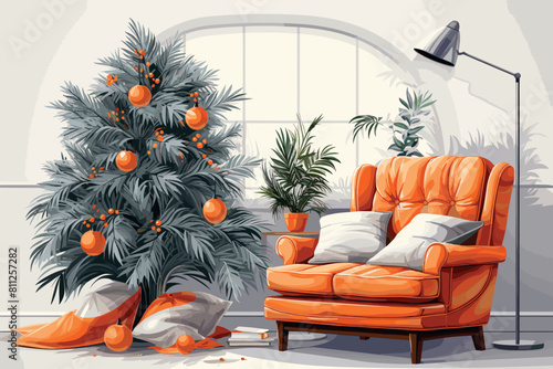 Watercolor illustration of Christmas night in living room with fireplace, christmas tree and decor, blue sofa, wooden coffee table and floor, wool carpet,