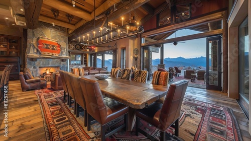 Spacious Southwestern dining area with a long oak table, leather chairs, and a wool rug Wrought iron lighting and handwoven wall art emphasize desert warmth