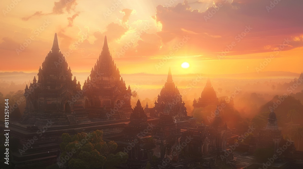Sunset view of Prambanan Temple, one of the largest Hindu temples in Java Indonesia. 4K, UHD hyper realistic 
