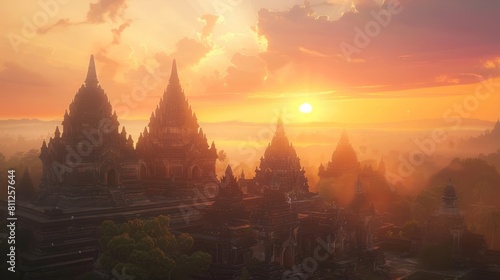 Sunset view of Prambanan Temple, one of the largest Hindu temples in Java Indonesia. 4K, UHD hyper realistic  photo