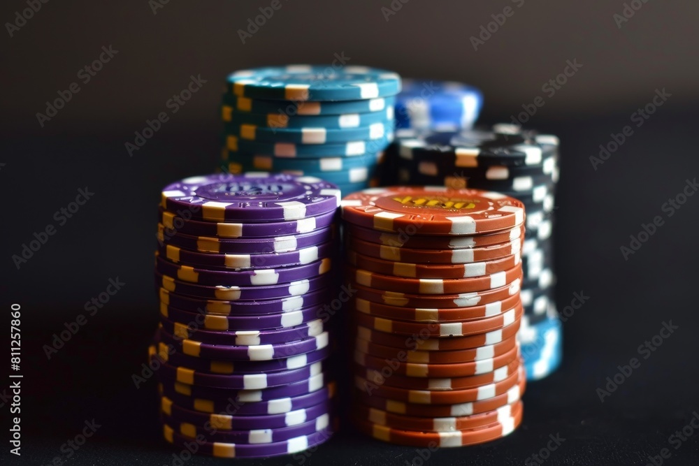 A luxurious stack of poker chips sits on a table, ready for a game, A luxurious stack of casino chips representing a massive Jackpot payout A luxurious stack of poker chips sits on a table, ready for a game, A luxurious stack of casino chips representing a massive Jackpot payout