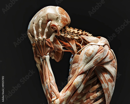 Highly detailed anatomical illustration showing human muscle structure with focus on the neck and upper back on a dark background.