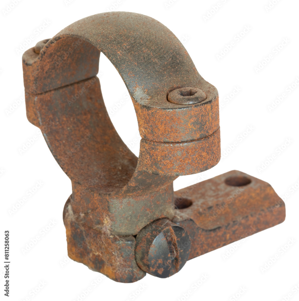 Isolated quartering view of a rusted scope base and ring