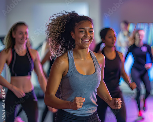 A vibrant aerobics class in action featuring a smiling woman leading with energy and positivity.