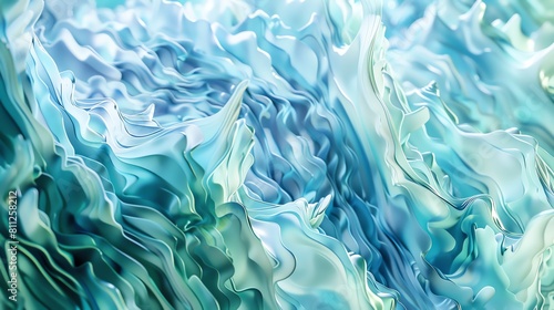 Fluid waves of abstract blues and greens, dynamic motion of innovation in tech Highangle, bright lighting, watercolorlike hues blend seamlessly photo