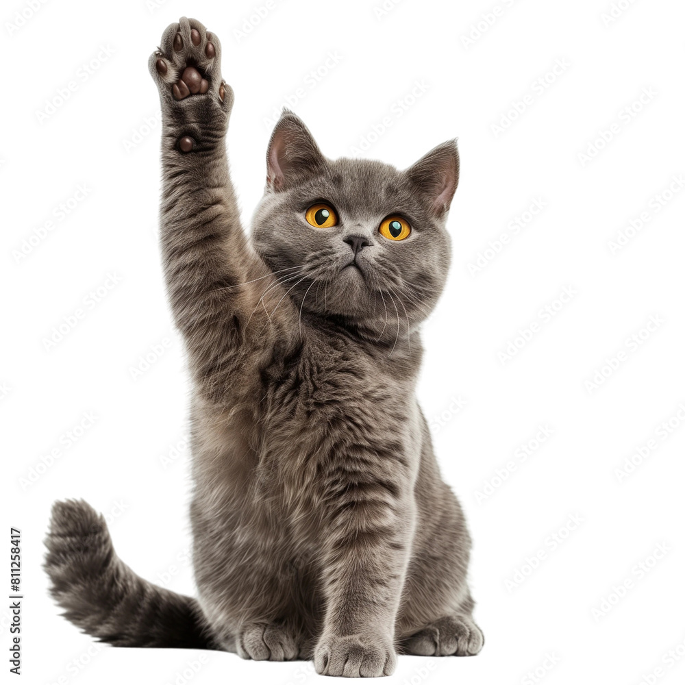 Obraz premium A British Shorthair cat sitting and raising its paw to give high five, isolated on white background
