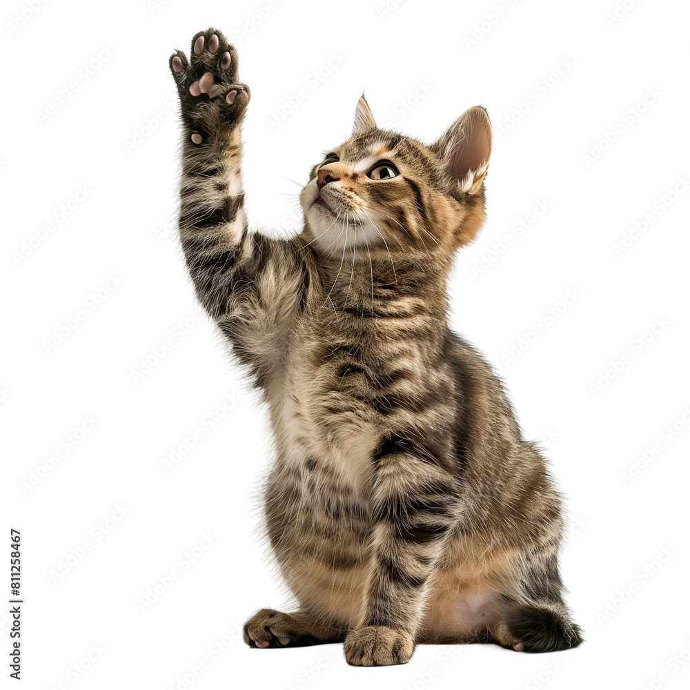 A cat sitting and raising one paw to give high five isolated white background