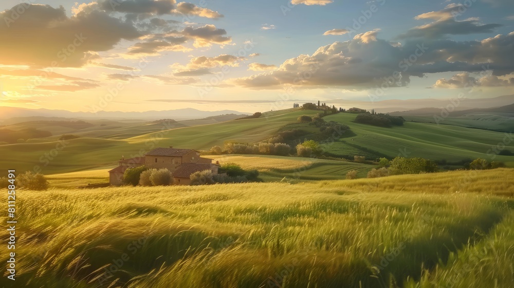 Tuscany landscape at sunrise with farm house and hills, Italy, timelapse. Vertical video hyper realistic 